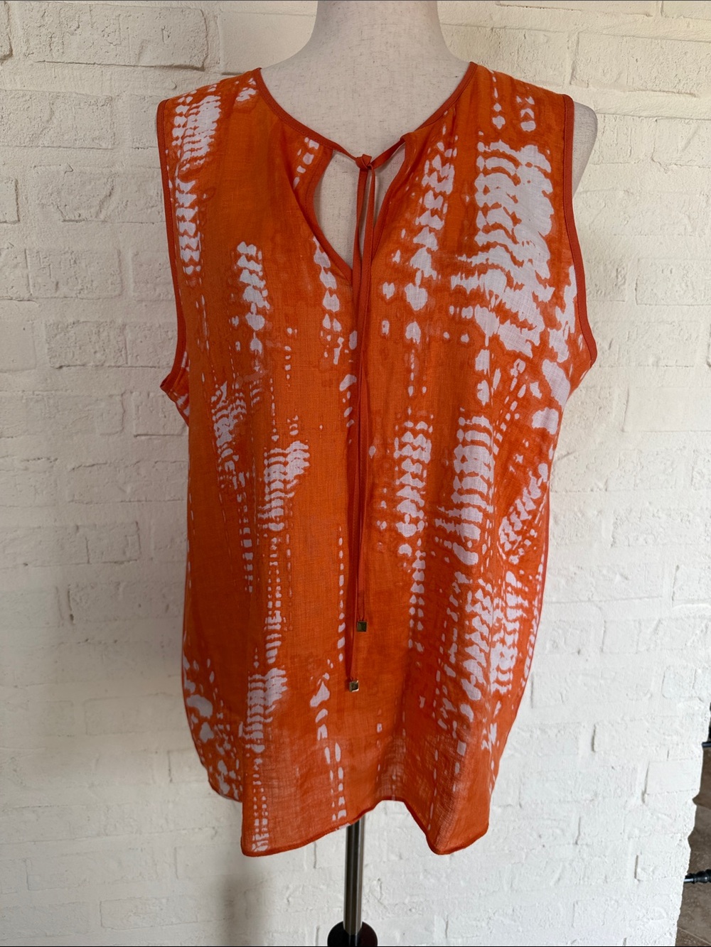 Calvin Klein Orange and White Tie-Dye Sleeveless Linen blend Blouse